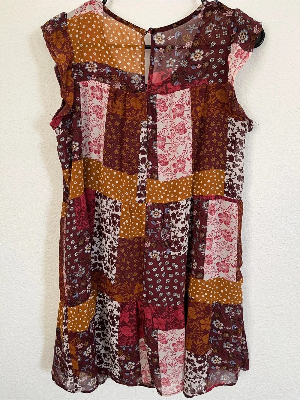 Boho Patchwork Floral Sleeveless Dress - Burgundy & Mustard